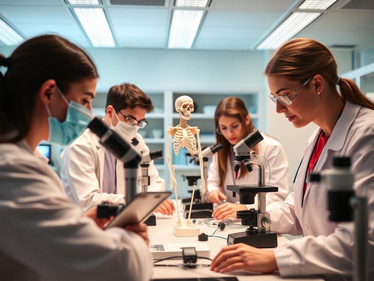 Medical students learning in a modern anatomy lab